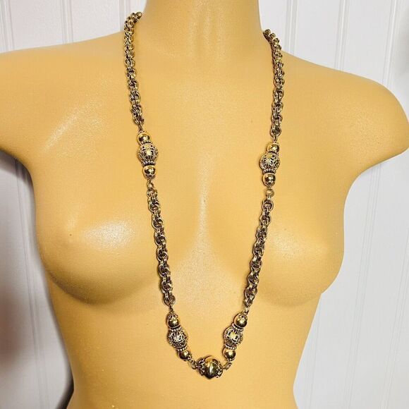 1928 Chunky Interlocking Chain Victorian Filigree Beads Gold Tone Necklace 1422 - Picture 7 of 11